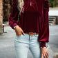 Tie Up Mock Neck Velvet Fabric Long Sleeve Blouse