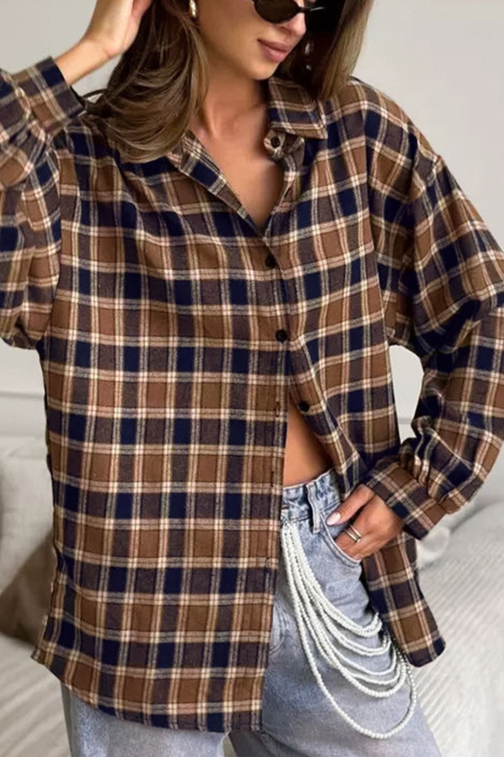 Plaid Button Up Drop Shoulder Shacket