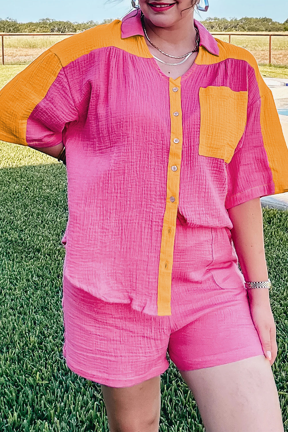 Rose Red Plus Size Textured Color Block Shirt and Shorts Set