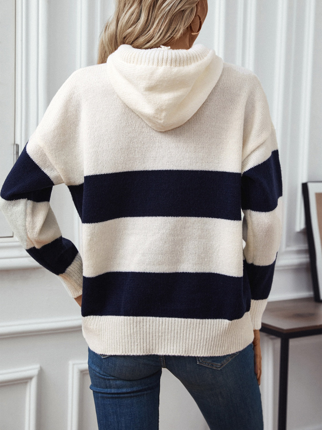 Drawstring Striped Hooded Sweater