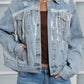 Sequin Fringe Trim Distressed Button Up Denim Jacket