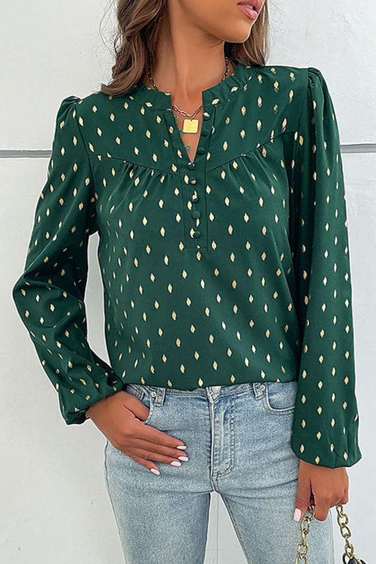 Perfee Printed Buttoned Puff Sleeve Blouse