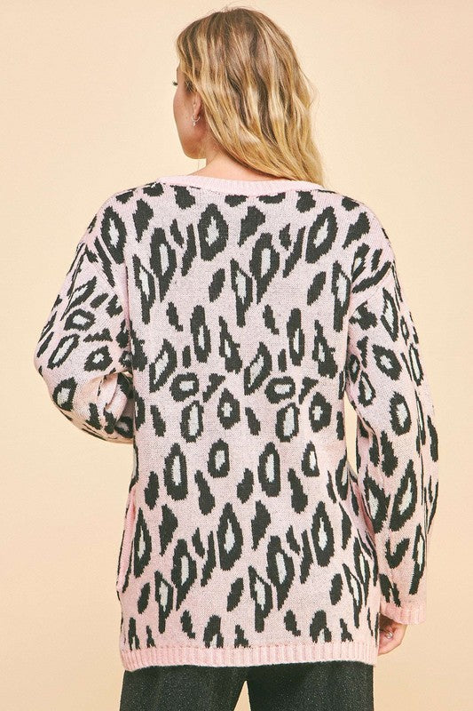 Pink Leopard Print Ribbon Tie Loose Fit Cardigan