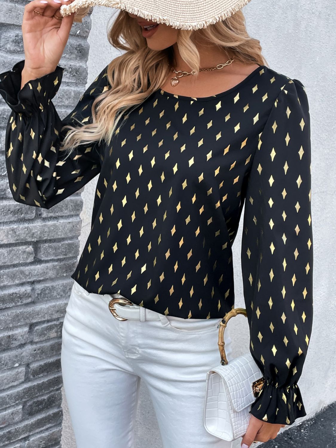 Perfee Printed Round Neck Flounce Sleeve Blouse