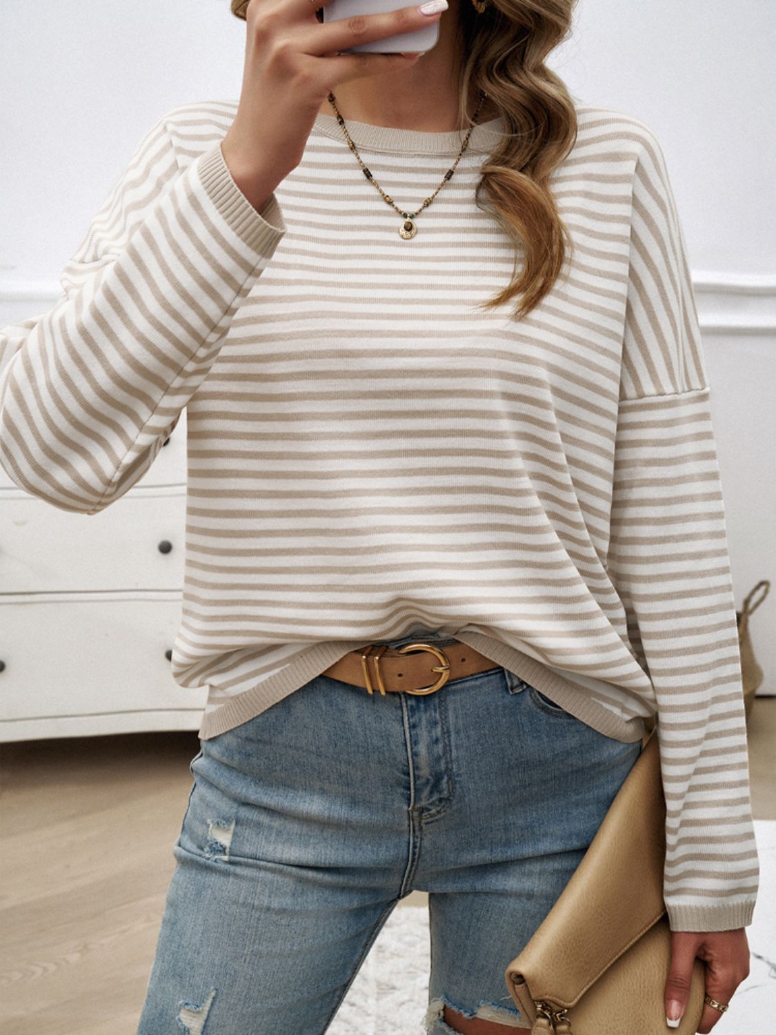 Devine Striped Round Neck Dropped Shoulder Sweater