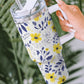 White Flower Print Stainless Handled Large Tumbler 40oz