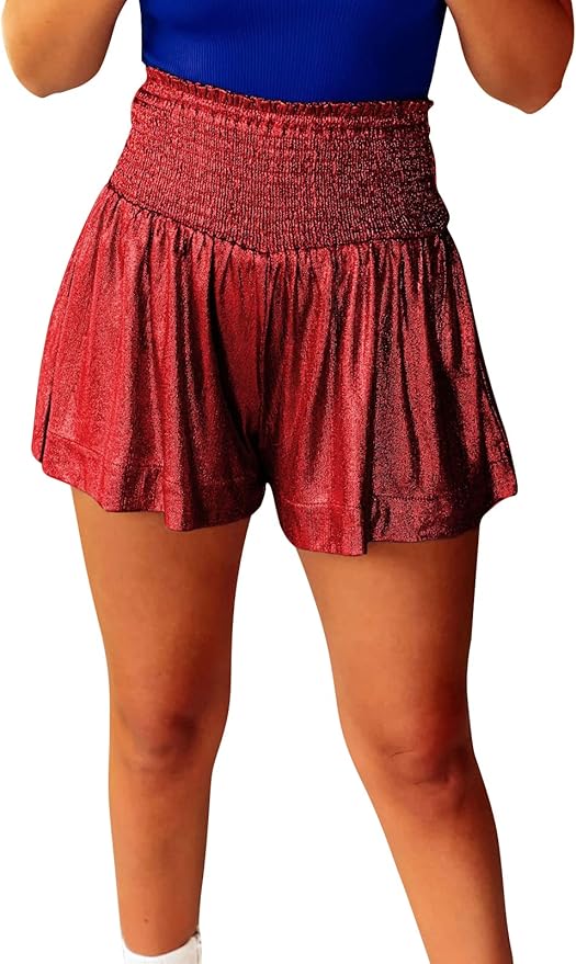 Women Sequin Shorts Smocked High Waisted Flowy Shorts Glitter Sparkly Metallic Shorts