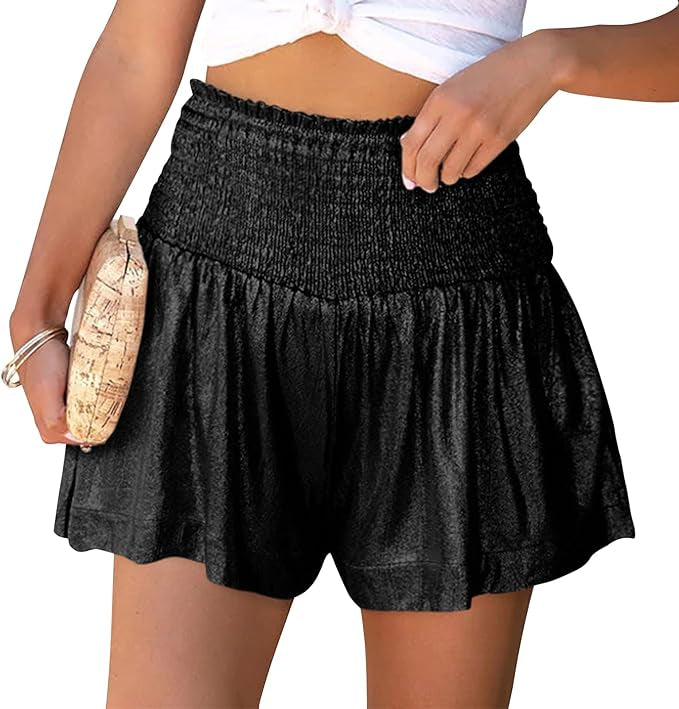 Women Sequin Shorts Smocked High Waisted Flowy Shorts Glitter Sparkly Metallic Shorts