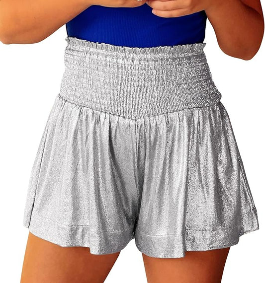 Women Sequin Shorts Smocked High Waisted Flowy Shorts Glitter Sparkly Metallic Shorts