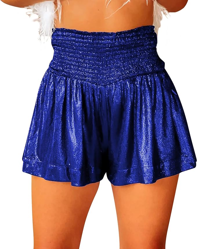 Women Sequin Shorts Smocked High Waisted Flowy Shorts Glitter Sparkly Metallic Shorts