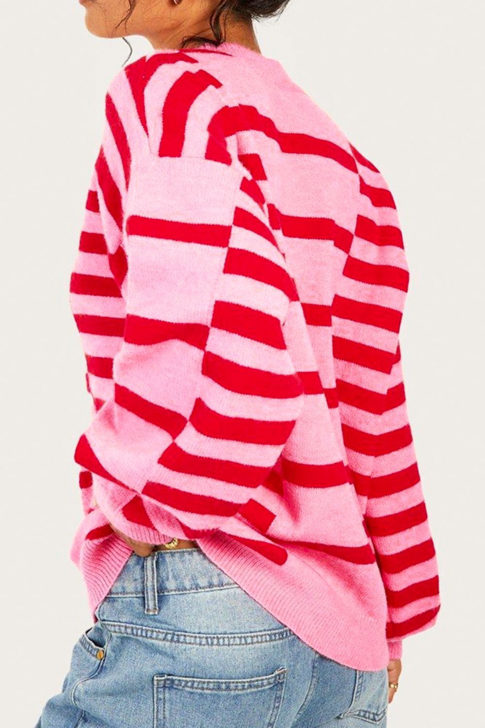 Pink + Red Striped Oversized Dropped Shoulder Sweater