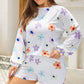 White Plus Size Flower Print Raglan Pullover and Shorts Outfit