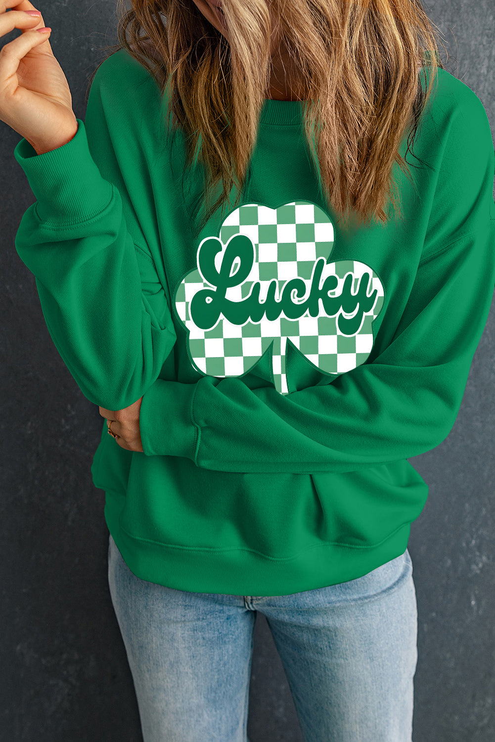 Dark Green St Patricks Checkerboard Clover Lucky Graphic Sweatshirt