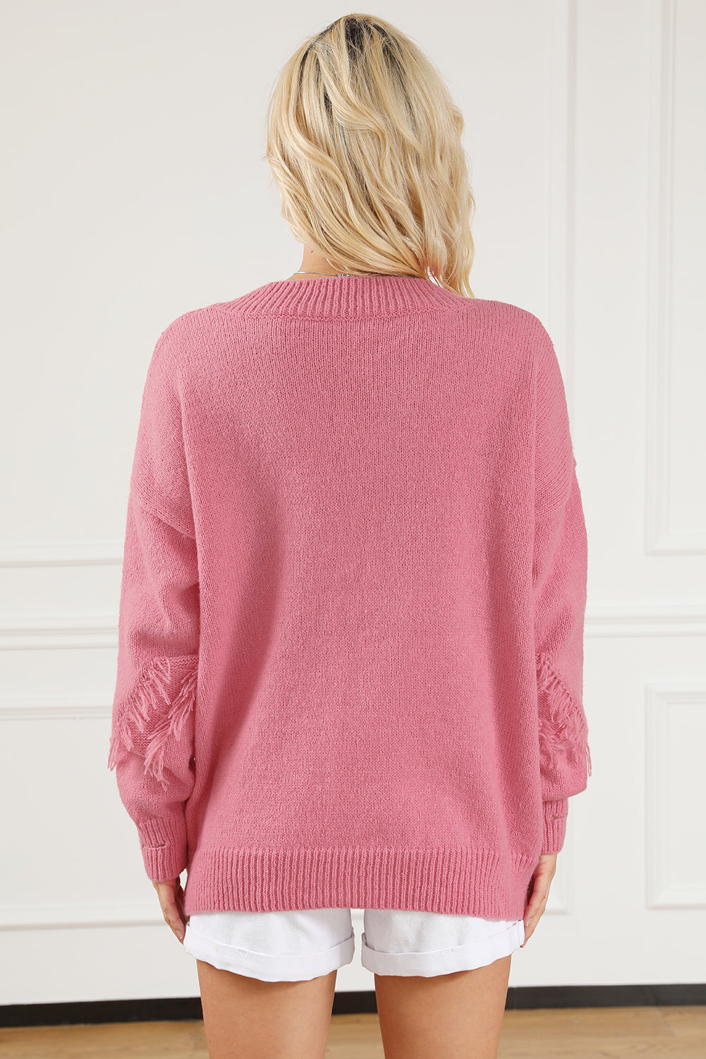 Faded Pink V-Neck Shred Knit Sweater
