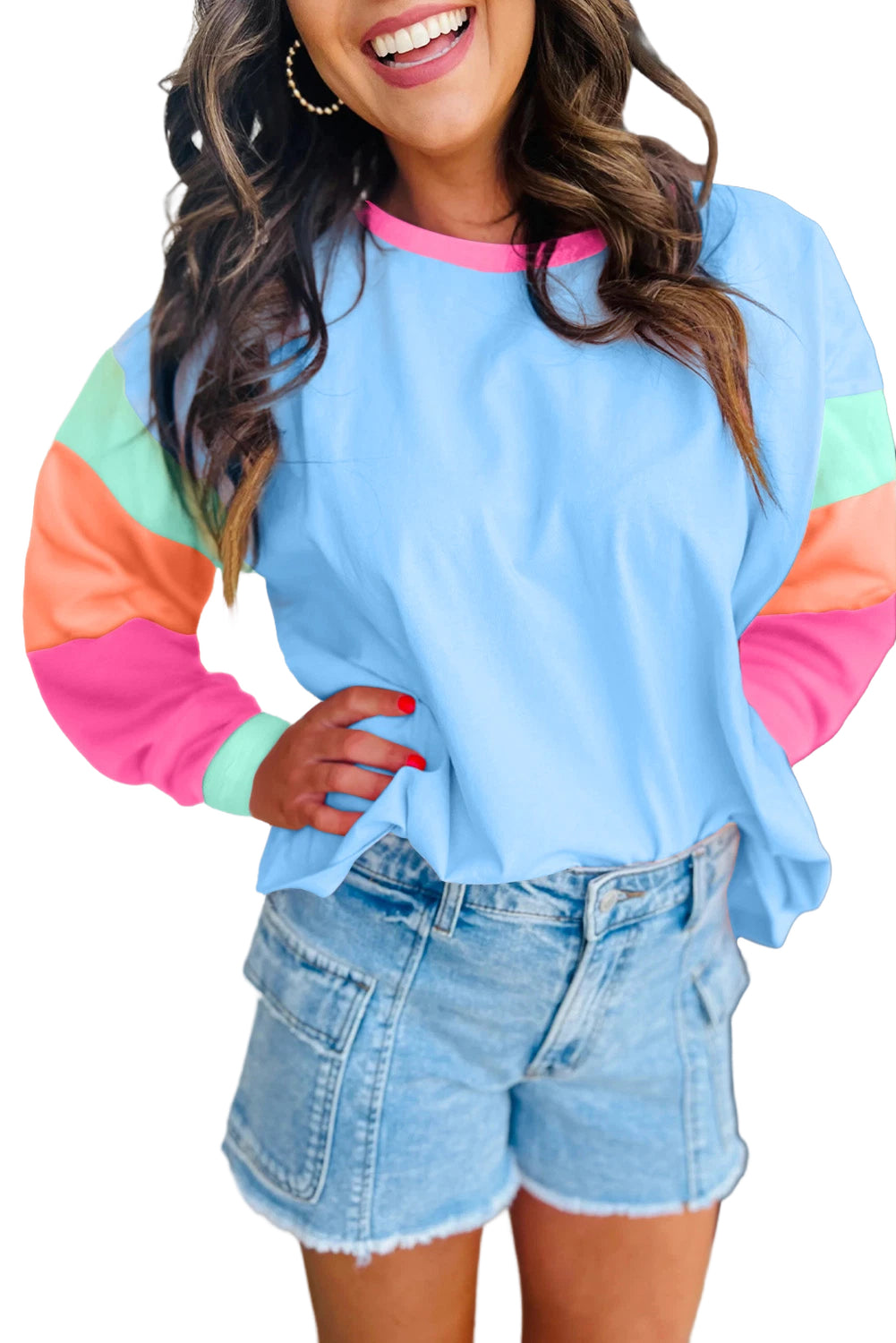 Pink Colorblock Patchwork Long Sleeve Loose Top