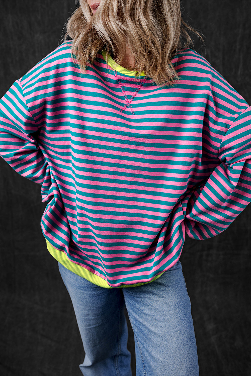 Sky Blue Stripe Oversized Contrast Trim Pullover Sweatshirt