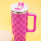 Bright Pink Checkered Print Handled Stainless Steel Tumbler Cup 40oz