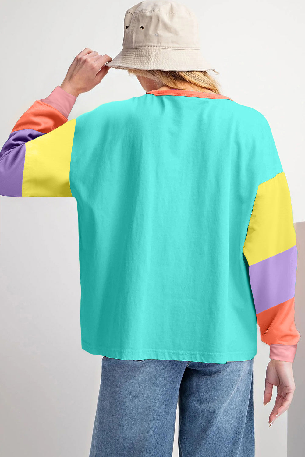 Pink Colorblock Patchwork Long Sleeve Loose Top