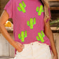 Rose Red Sequined Cactus Patched Ribbed Crew Neck T Shirt