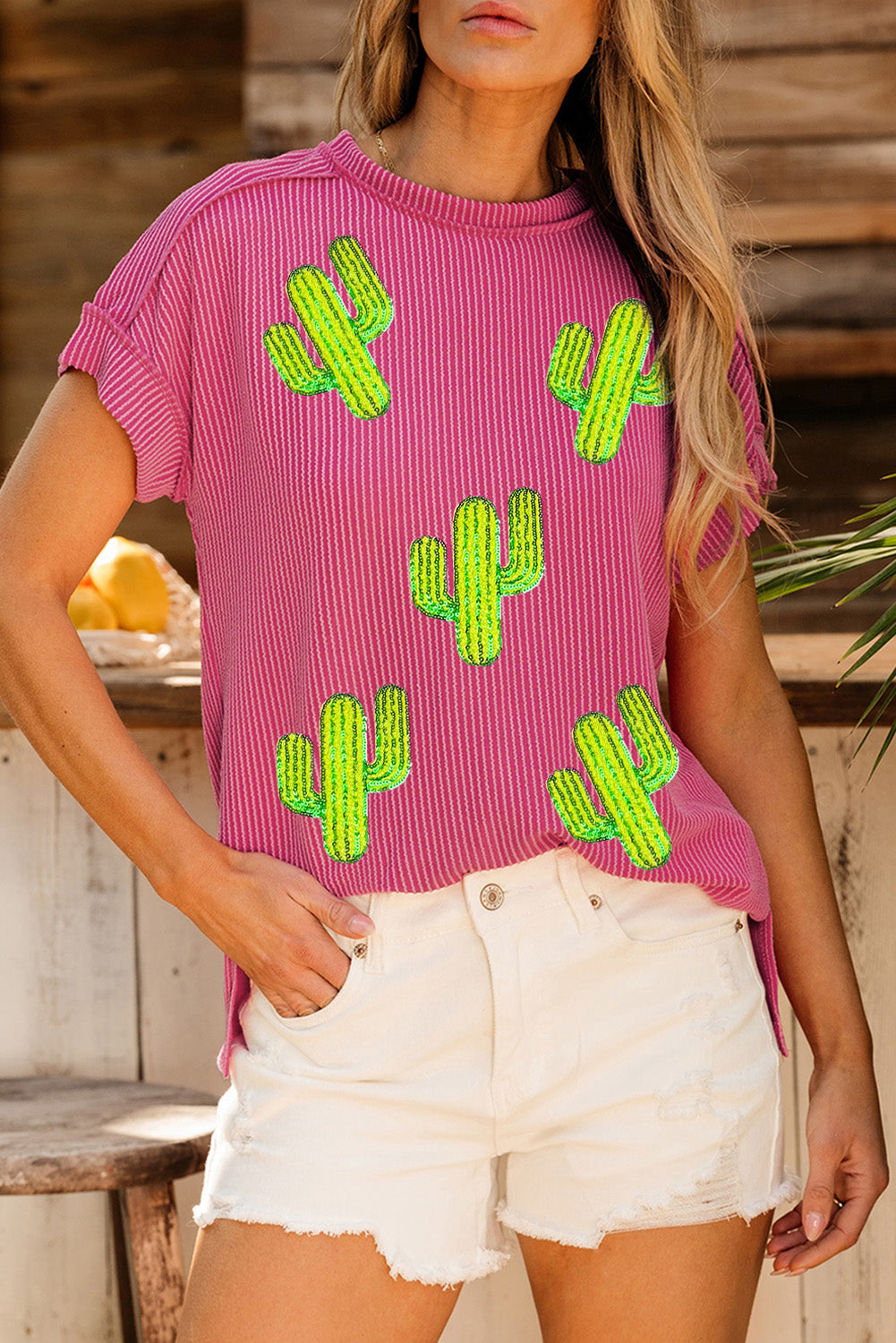 Rose Red Sequined Cactus Patched Ribbed Crew Neck T Shirt