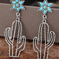 Silvery Western Turquoise Flower Cactus Dangle Earrings