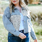 Plus Size Leopard Raw Hem Distressed Spliced Denim Jacket