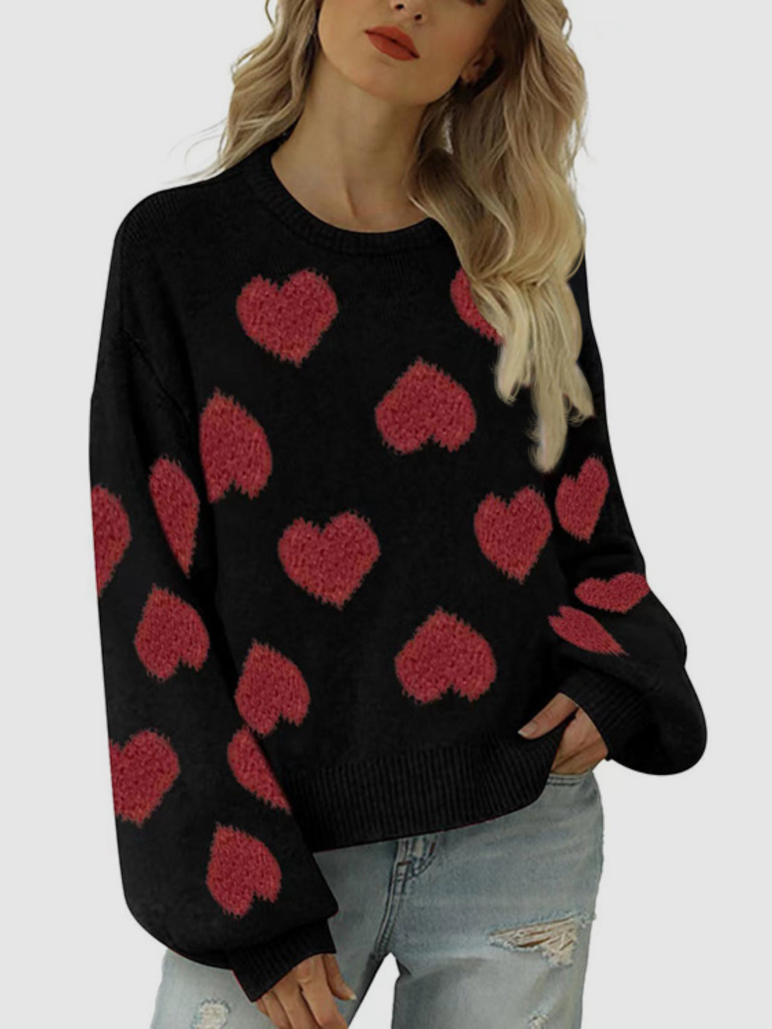 Heart Round Neck Dropped Shoulder Sweater