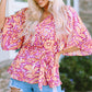 Floral V-Neck Tie Front Ruffled Blouse