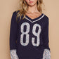 POL V-Neck Long Sleeve Floral Number Patch T-Shirt