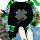 Green Leopard Plaid Patchwork Long Sleeve Rhinestone Lucky Clover Graphic Top