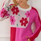 Flower Color Block Round Neck Sweater