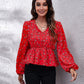 Floral V-Neck Balloon Sleeve Peplum Blouse