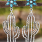 Silvery Western Turquoise Flower Cactus Dangle Earrings