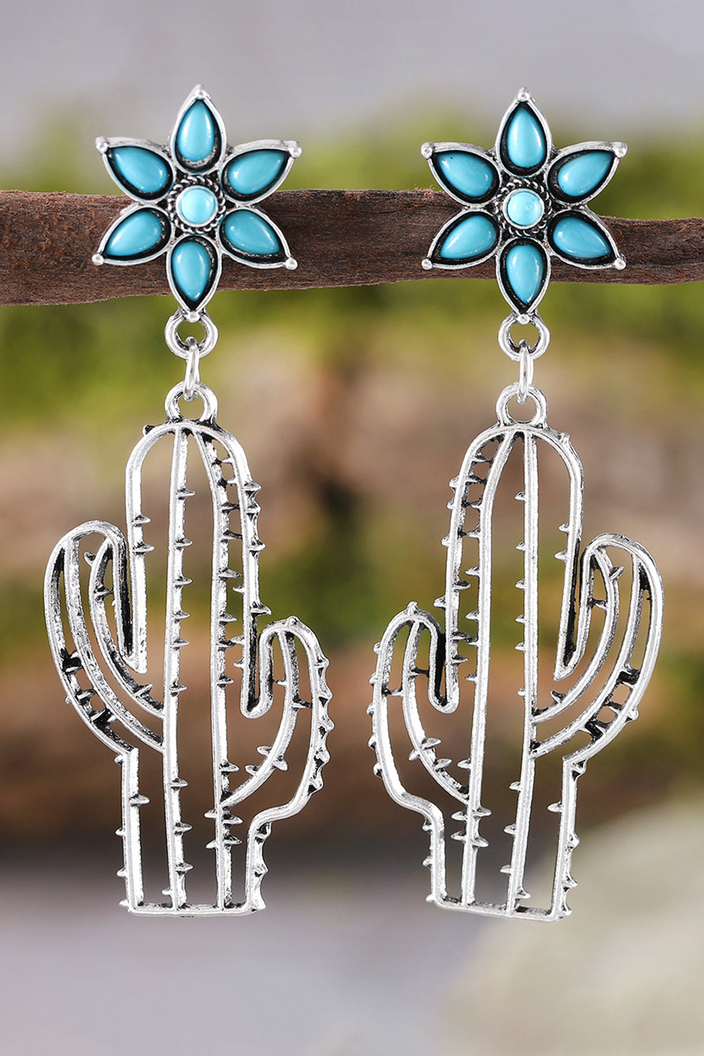 Silvery Western Turquoise Flower Cactus Dangle Earrings