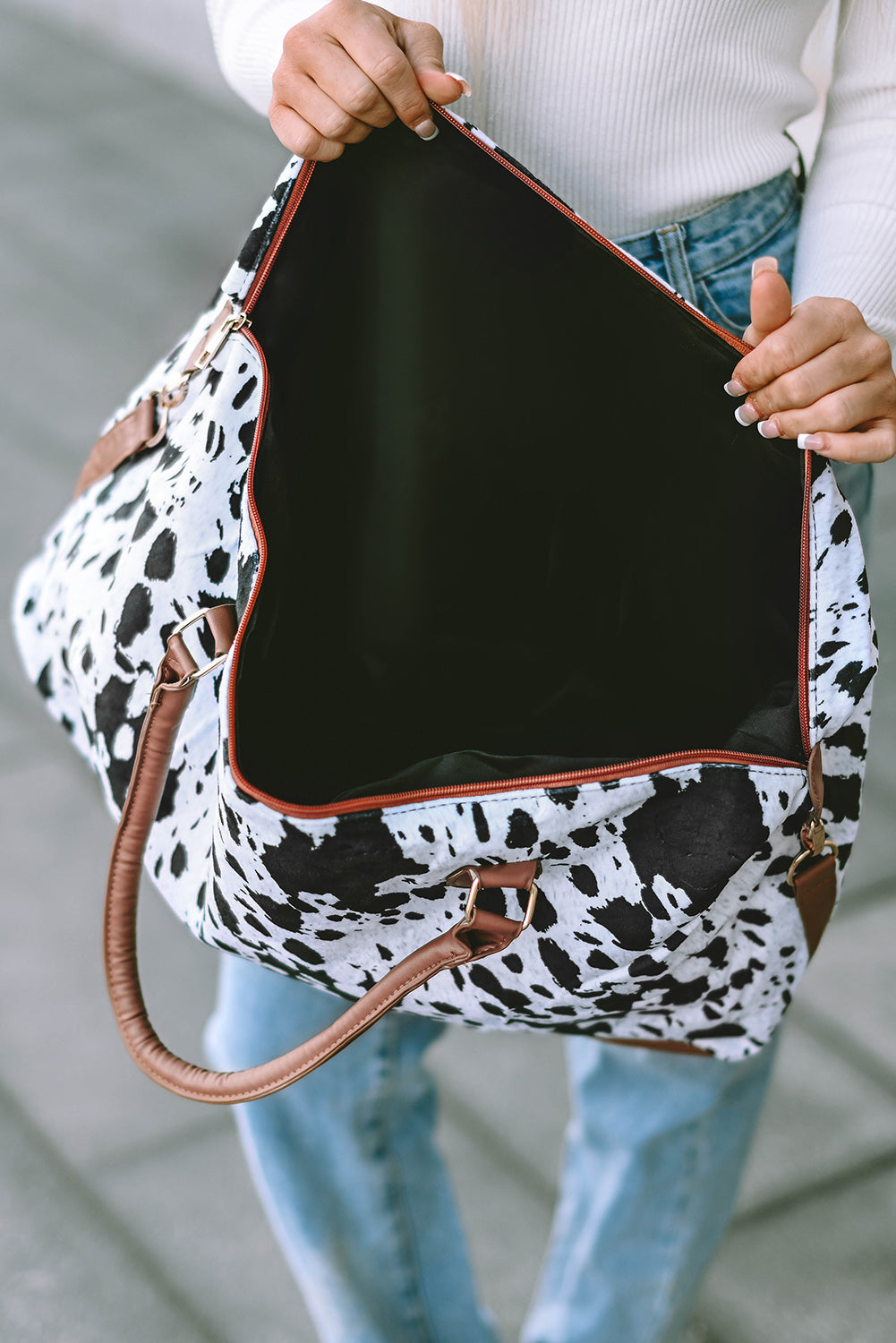 White Animal Print Leather Tote Bag