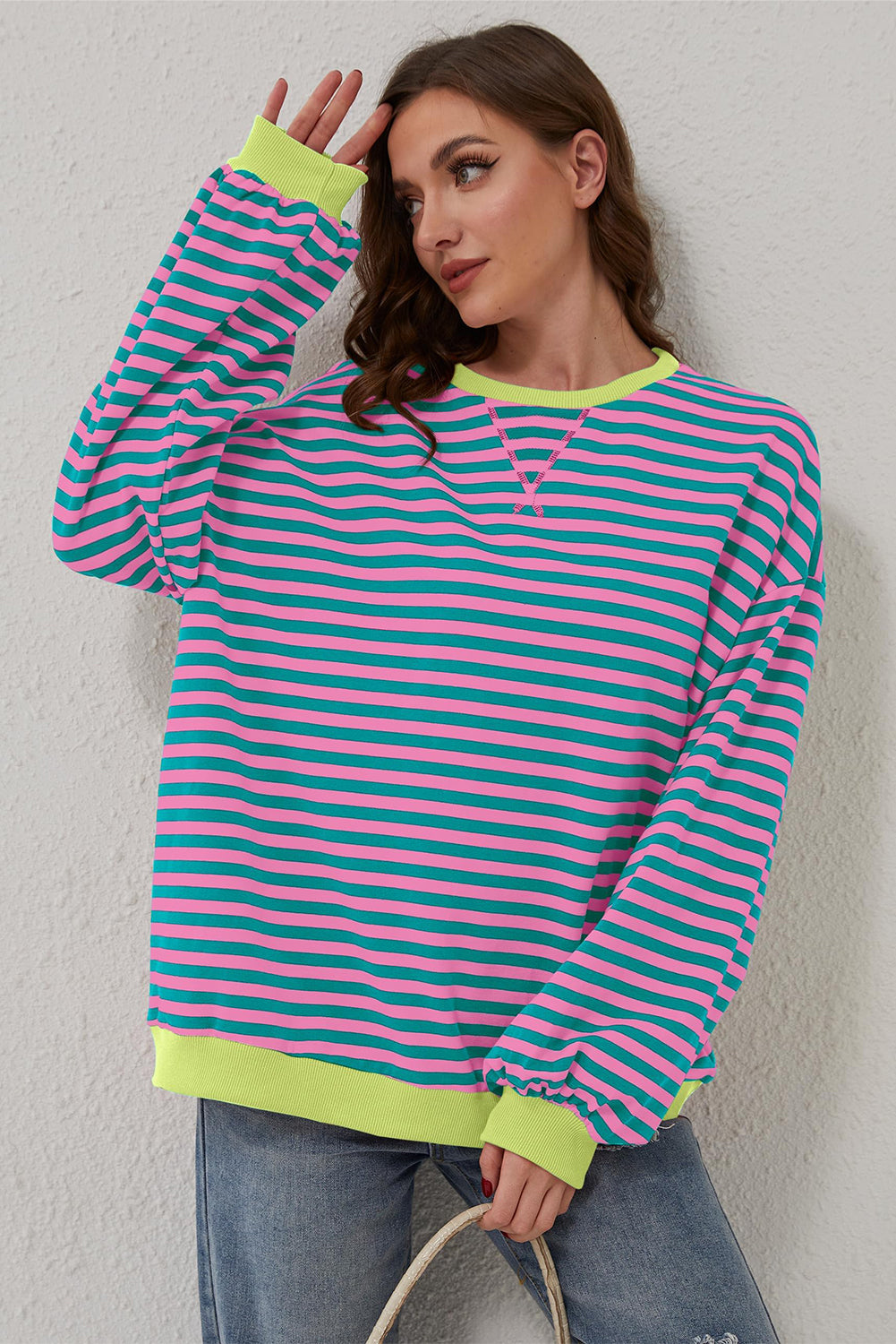 Sky Blue Stripe Oversized Contrast Trim Pullover Sweatshirt