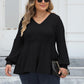 Plus Size Ribbed V-Neck Long Sleeve Blouse