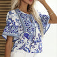 Perfee Printed Buttoned Flounce Sleeve Blouse