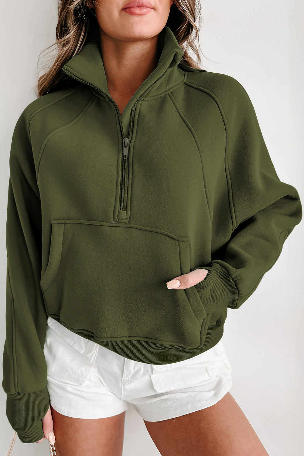 Sea Green Fleece Lined Zip Up Stand Collar Thumbhole Sleeve Sweatshirt