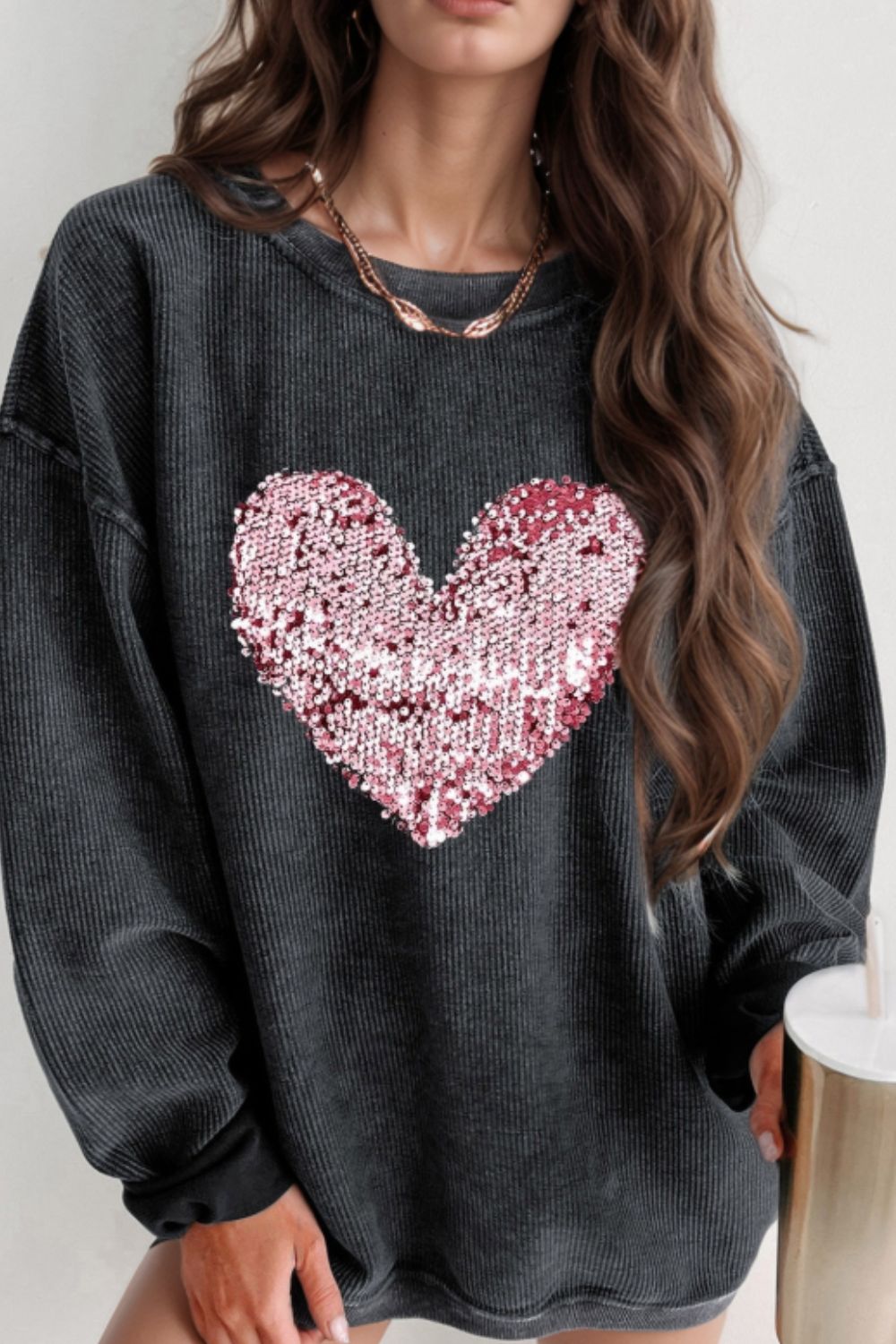 Valentine’s Day Sequin Heart Round Neck Long Sleeve Sweatshirt