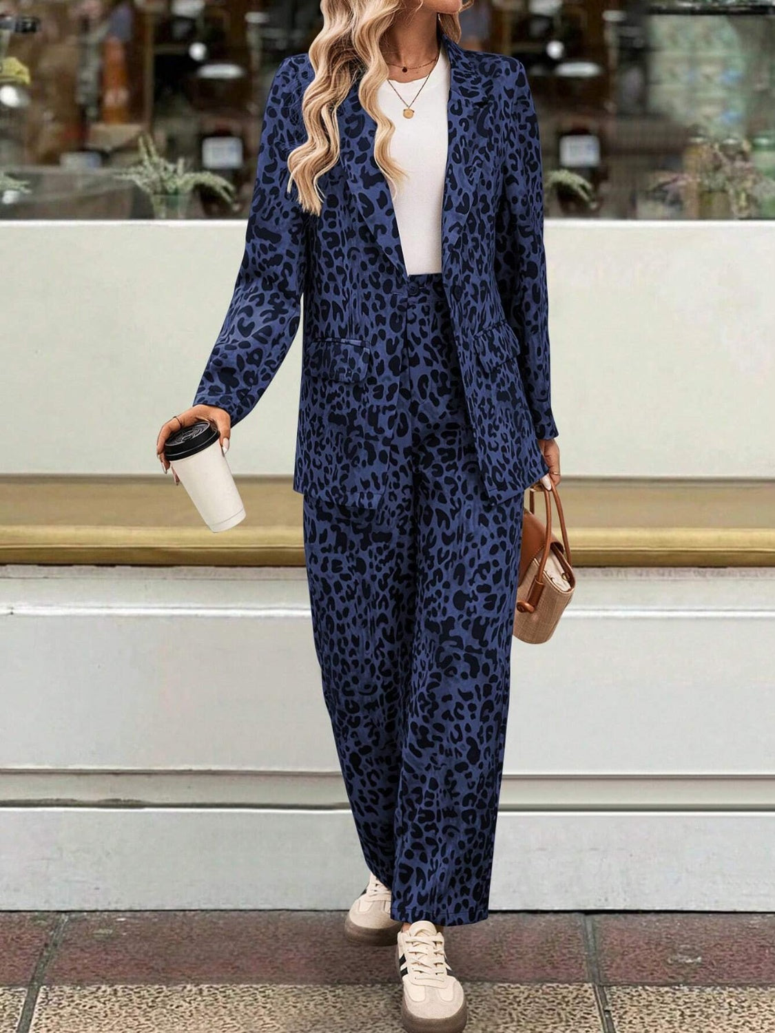 Two-Piece Leopard Pattern Pants Suit—Small-3XL