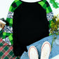 Green Leopard Plaid Patchwork Long Sleeve Rhinestone Lucky Clover Graphic Top