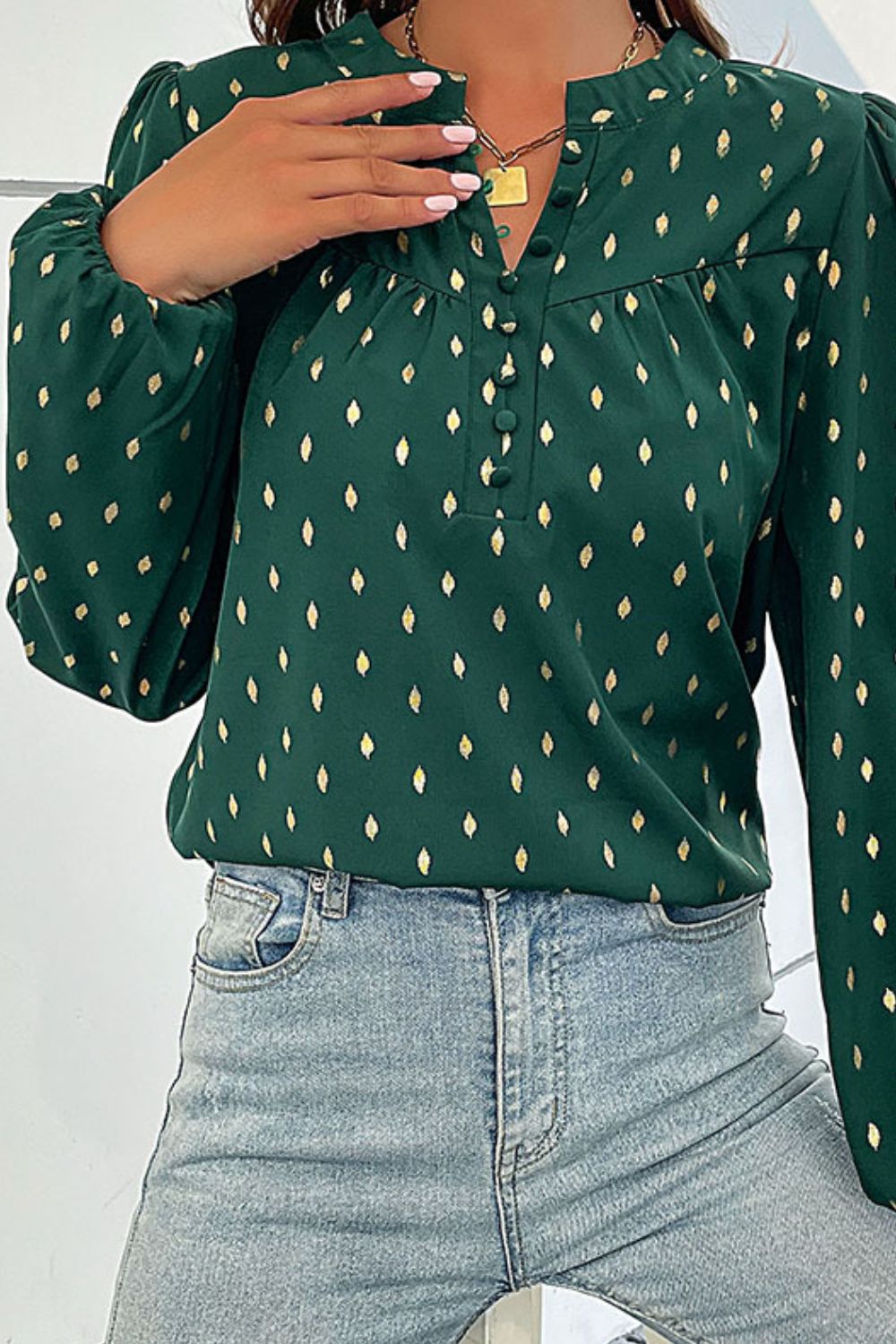 Perfee Printed Buttoned Puff Sleeve Blouse