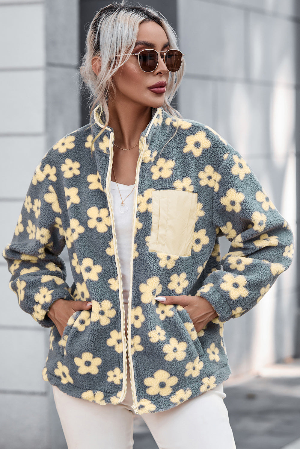 Pocketed Floral Mock Neck Jacket