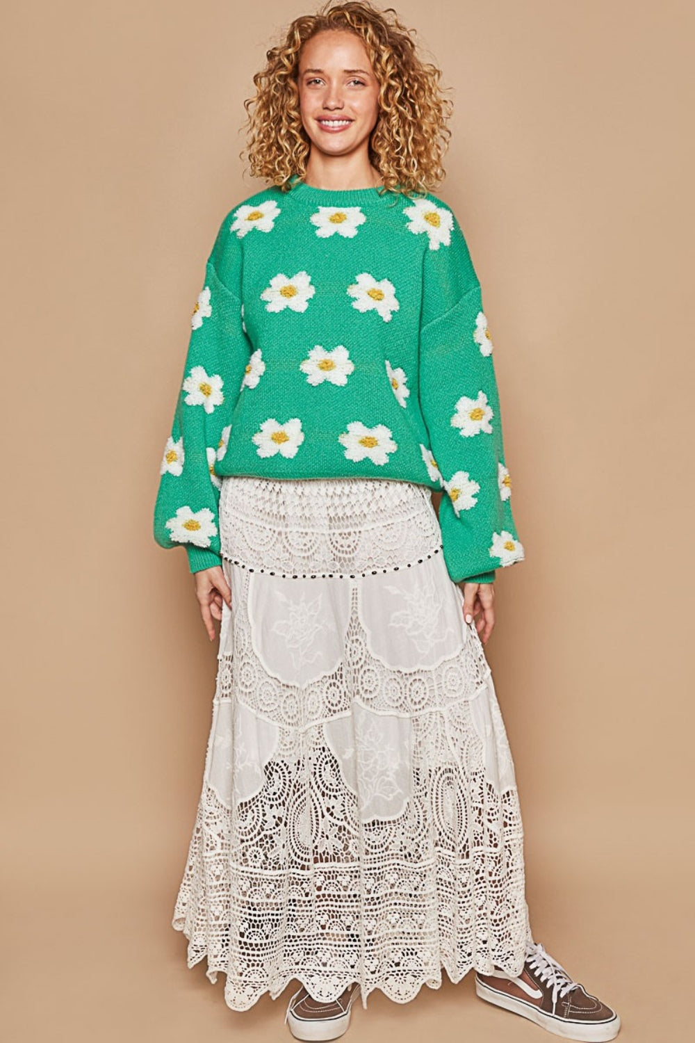 POL Daisy Pattern Drop Shoulder Sweater