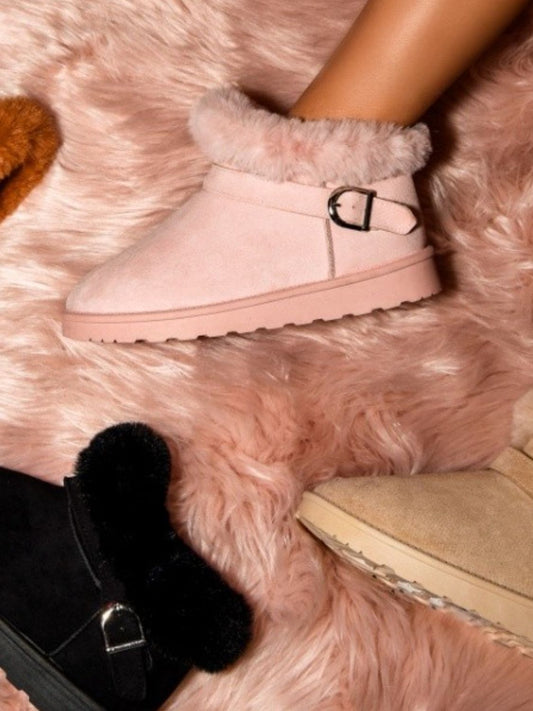 WILD DIVA Faux-Fur Buckle Round Toe Booties