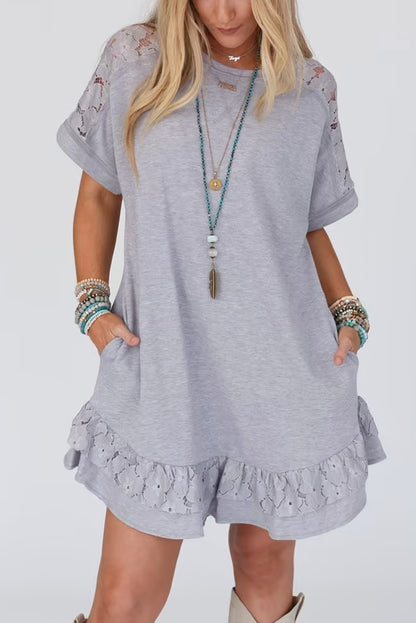 Light Grey Patchwork Ruffled T-Shirt Dress