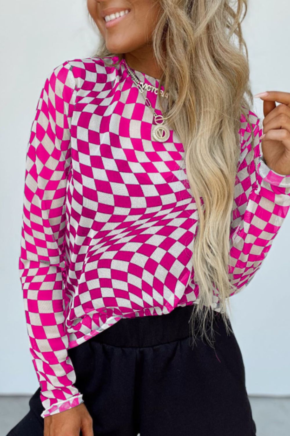 Checkered Print Mesh Long Sleeve