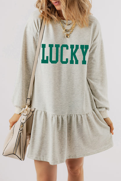 White St Patricks LUCKY Graphic Long Sleeve Ruffle Hem Mini Dress