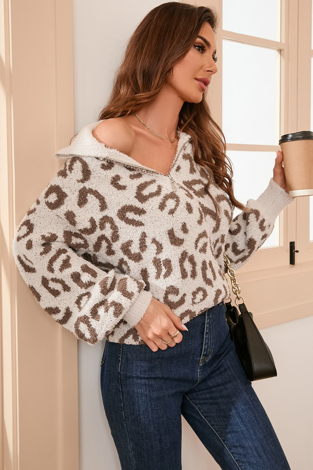 Leopard Half-Zip Up Sweater